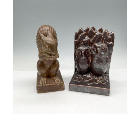 Includes glossy bronze stoneware owls looking out 4"L x 4"W x 6.5"H and brown squirrel image 3.5"L x 3"W x 6.5"H. Doulton Lam