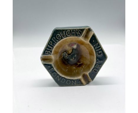 Harvest green ashtray with raised Burroughs London Dry Gin with center design of a rooster. Royal Doulton raised mark. Issued