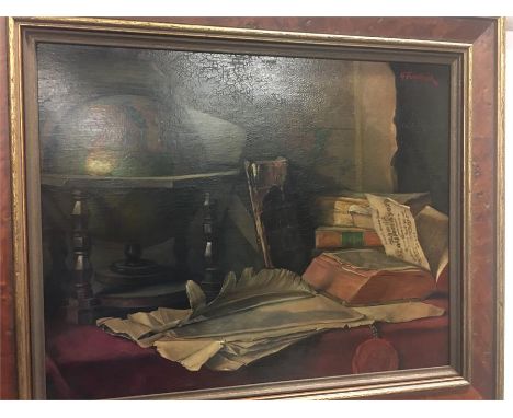 Oil on board by Gustav Frederick 1824-1889 depicting a desk with quill pen, globe and books