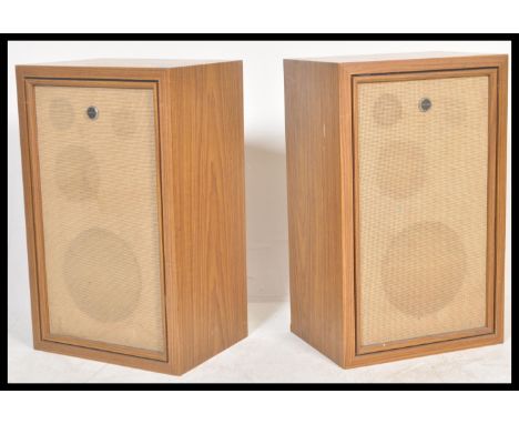 A pair of vintage retro 20th Century teak wood cased Sanyo hi fi speakers in a wooden teak casing.&nbsp;