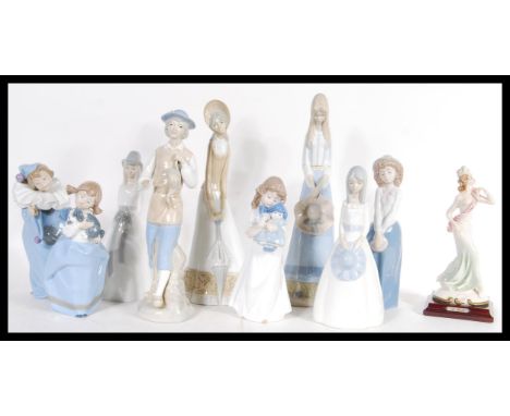 A group of nine 20th Century Spanish Lladro Nao and other ceramic figurines along with a Capodimonte B Merli lady figurine of