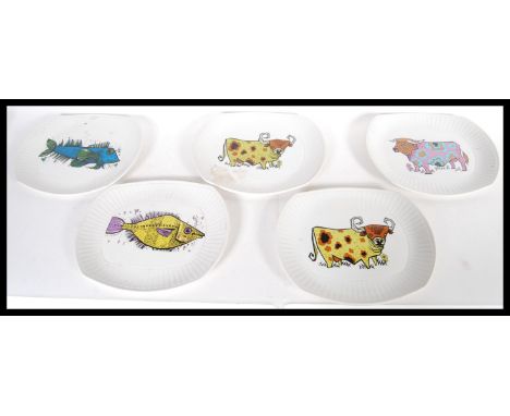 A group of five vintage retro 20th Century Washington Pottery vibrant decorated plates from the Beefeater plates series featu