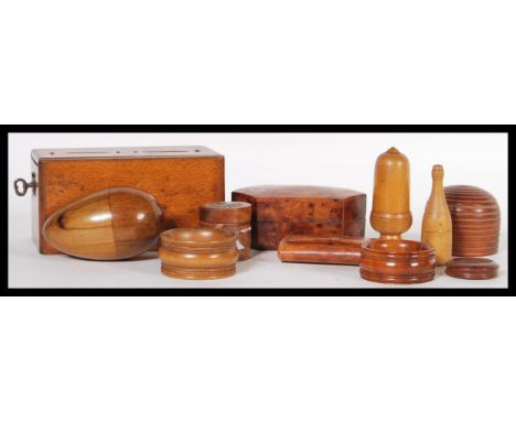 A good collection of antique treen to include an 18th Century Georgian snuff box, eggs, sewing bobbin holder, money box, bird