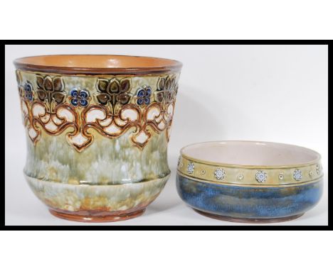 A Royal Doulton stoneware salt glazed planter with impressed marks 2952 along with a Royal Doulton stoneware salt glazed bowl