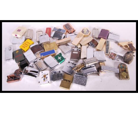 A large collection of vintage lighters to include 3 x Zippo lighters, novelty gun lighters, grenade lighter, Silk Cut lighter