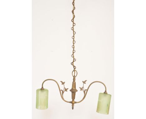 A 20th Century brass ceiling light chandelier in the manner of Adams revival having scrolled brass arms complete with two gre