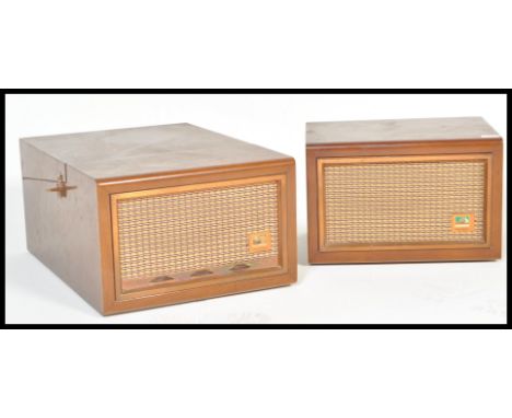A vintage retro mid 20th Century 1950's HMV His Master's Voice tiger oak cased record player having the original Garrard 209 