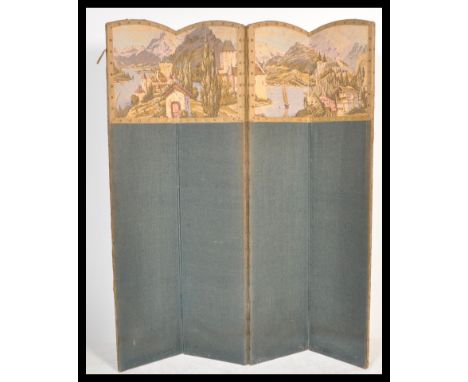 A 19th Century Victorian four fold discretionary screen having tapestry decoration to the top half. Measures 168 cm x 140 cm.