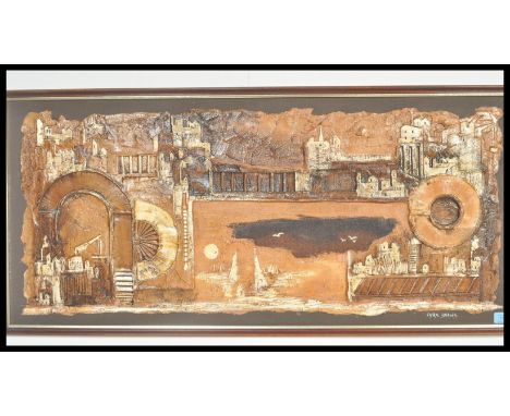 Cyril Barnes (1926-2000) - A vintage 1970's relief composition plaque picture depicting a city scape in raised brown hues, fr