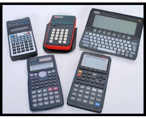 A group of vintage Scientific calculators to include a Psion series 3a, Elsi Mate EL-8005S, Casio FX-7400G, Casio FX-115MS, S