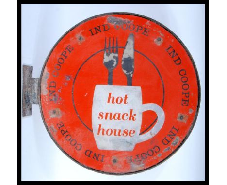 A vintage retro double sided point of sale advertising sign, the double sided circular sign advertising hot food. Measures 47
