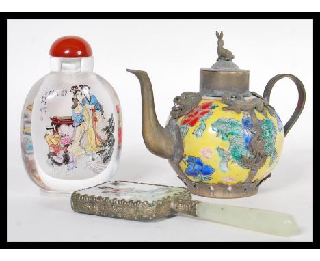 A group of 20th Century Chinese items to include a jade handled hand mirror with porcelain plaque depicting a maiden, cased g