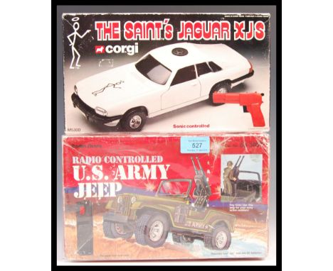 A Radio Shack made RC radio controlled U.S Army Jeep in the original box along with a Corgi 'The Saint's Jaguar XJS sonic con