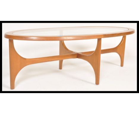 Stonehill - Stateroom - A vintage retro 20th Century teak wood oval coffee table with inset glass top similar to G-Plan Astro