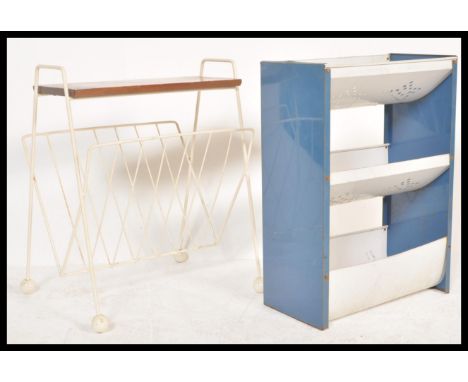 A vintage retro 20th Century Sputnik Atomic magazine rack along with a tin vegetable rack. Measures 55 cm high x 46 cm wide x