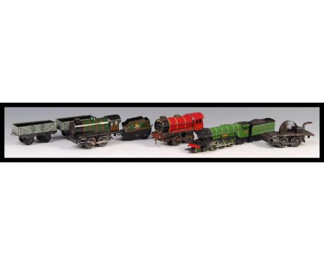 A collection of 3x assorted model railway trainset locomotives to include; Chad Valley 0 Gauge 3402 red livery tinplate tank 