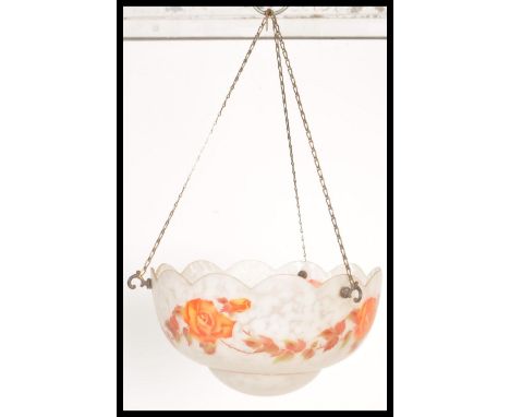 A vintage early 20th Century&nbsp; mottled glass 1930's Art Deco ceiling light shade, the shade the with scalloped rim decora