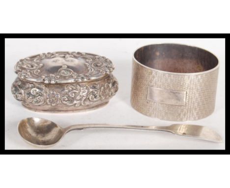 A selection of 20th Century silver hallmarked wears to include a Victorian toddy spoon (hallmarked Chester 1892), a napkin ri