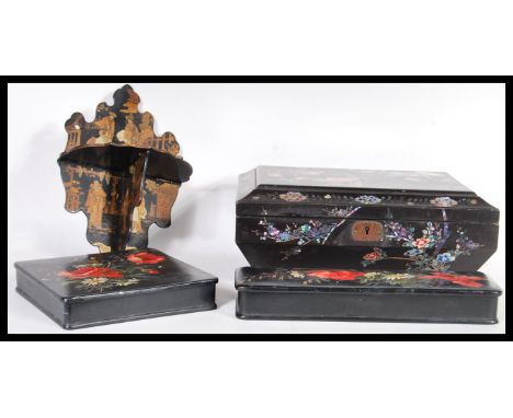 A 20th Century Edwardian lacquered inlaid sewing / work box, decorated with birds and fauna, hinged top opening to reveal ful