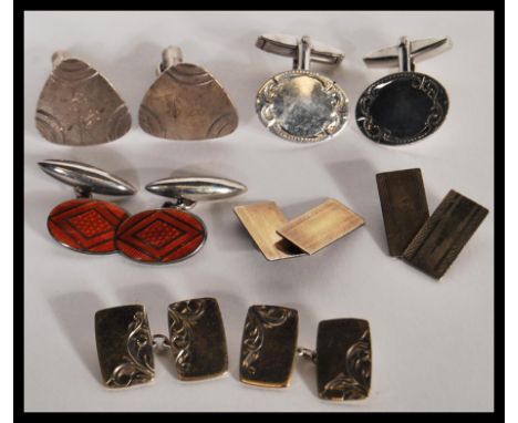 Five pairs of sterling silver or hallmarked silver cufflinks to include a pair of London hallmarked triangular examples, hall