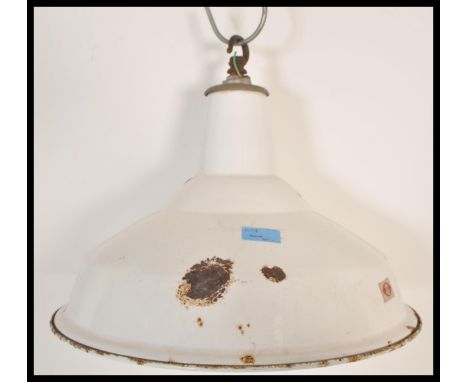 A vintage retro 20th Century industrial factory pendant shade by Benjamin having a white enamel finish with makers stamp pres