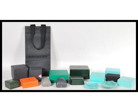 A collection of designer jewellery boxes to include Boodle &amp; Dunthorne, Hermes, Tiffany &amp; Co, Boodles, and David Morr
