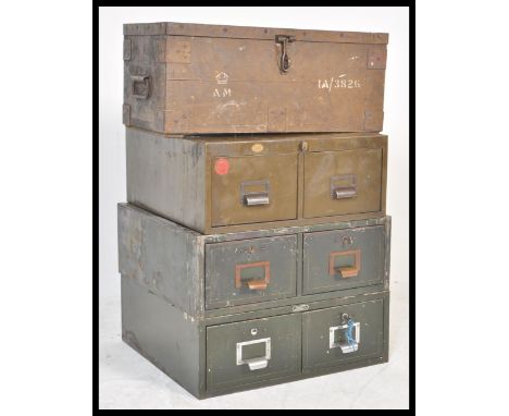 A collection of six vintage 20th Century industrial stacking index filing drawers / cabinets together with a mid Century ammu