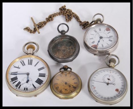 A collection of vintage pocket watches to include a stop watch with a white enamelled face and subsidiary dial, a steel pocke