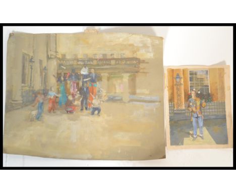 Covent Garden London - Two 20th Century paintings on paper depicting street acts in Covent Garden Market including a small ac