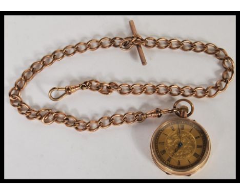 An early 20th Century 9ct gold pocket fo watch having a gilt dial with Roman numeral chapter ring and faceted hands. Complete