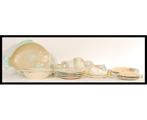 A vintage retro 20th Century Shorter and Sons Fish pattern dinner service consisting of lidded tureen, large platter, twelve 