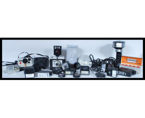 A collection of film photographic equipment to include a selection of film cameras such as Ilford Sporti, Kodak Brownie, Pola