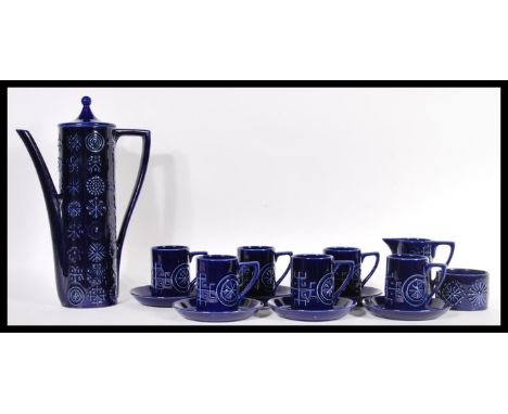 A retro 20th Century Portmeirion coffee service in the Blue Totem pattern consisting of coffee pot, cups and saucers etc, all