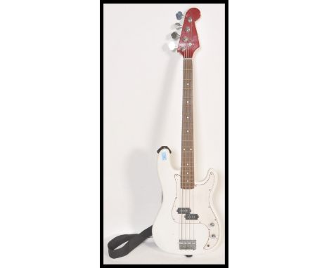 A vintage unknown-make Fender Precision Base style electric bass guitar. White body, with red headstock. No makers name prese