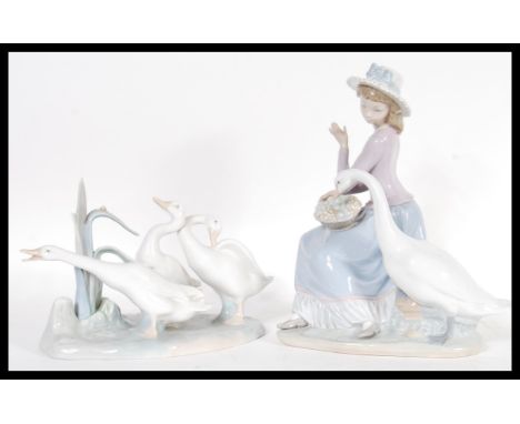 A Lladro ceramic figurine group depicting a girl with geese along with another Lladro figurine group depicting geese 50344. I