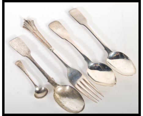 A group of hallmarked silver flatware dating from the early 19th Century to include Robert Williams Exeter 1835 spoon, Victor