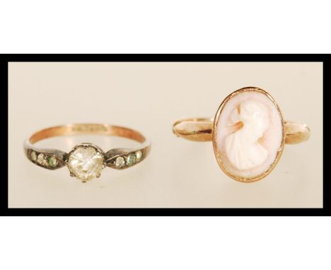 A hallmarked 9ct gold ring set with a pink and white stone oval cameo, hallmarked Birmingham 1967 (size O), along with a stam