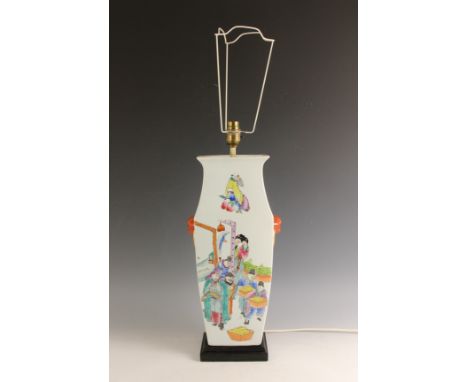 A Chinese porcelain lamp base, 20th century, decorated in the famille rose palette and of square section baluster form, with 