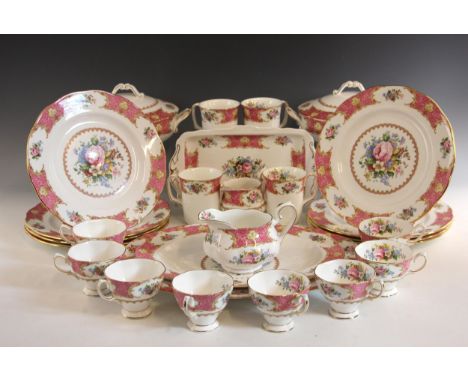 A Royal Albert part dinner service in the 'Lady Carlyle' pattern, comprising: eight twin handled soup bowls and stands; nine 