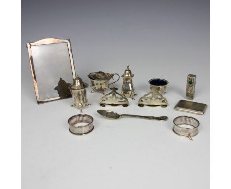 A selection of silver and silver-coloured pieces, including George V part silver condiment set, E Edmonds, Birmingham 1930, c