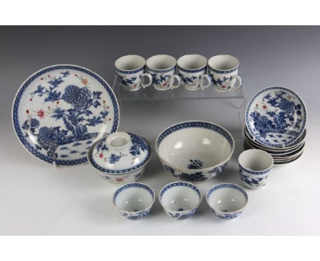 A Chinese porcelain blue and white part tea service, Qianlong (1735-1796), to include eight saucers, five teacups, three tea 