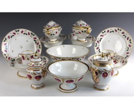 An assembled French porcelain dinner service, 19th century, comprising; nineteen dinner plates, a pair of lidded tureens on i