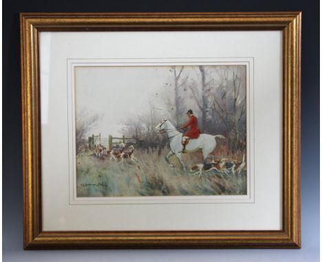 John Sanderson Wells (1872–1955), Following hounds through a gate, Watercolour on paper, Signed lower left, 26.5cm x 34.5cm, 