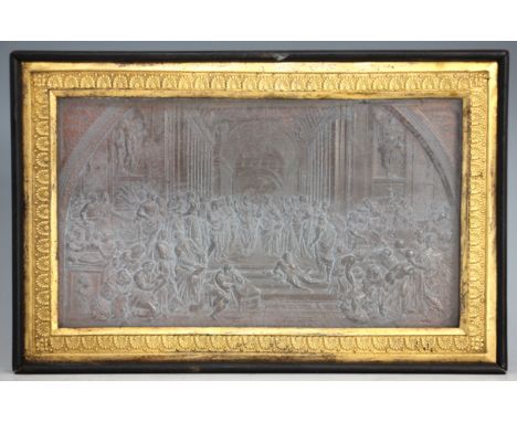 A Grand Tour bronzed lead relief plaque by Francesco Putinati, 'The School of Athens' by Raphael, framed and glazed, inscript