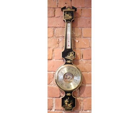A black lacquer chinoiserie wheel barometer, late 20th century, the architectural pediment over a 20cm silvered register with
