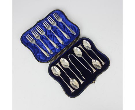A cased set of six Edwardian silver teaspoons, William Hutton &amp; Sons Ltd, London 1906, with a conforming pair of sugar to