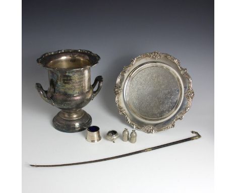 A selection of silver plated pieces, including a pair of WMF salt and pepper pots, shaped as pineapples, stamped to base, 5cm