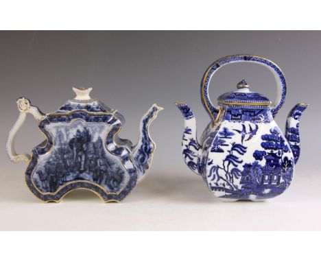 A Victorian Burgess &amp; Leigh blue and white printed teapot and cover, late 19th century, the body shaped in the aesthetic 
