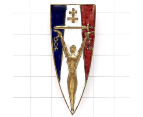 Free French enamelled WW2 badge.Die-cast blue, white, red shield. bearing Cross of Lorraine, sword and figure throwing off sh