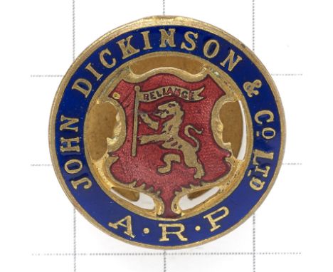 John Dickinson & Co. Ltd. WW2 ARP gilt & enamel lapel badge.ButtonholeJohn Dickinson & Co was a paper mill in the Hemel Hemps